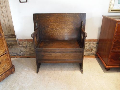 fig 1. Settle seat Monks bench Arts and crafts Oak Liberty and co c1900
