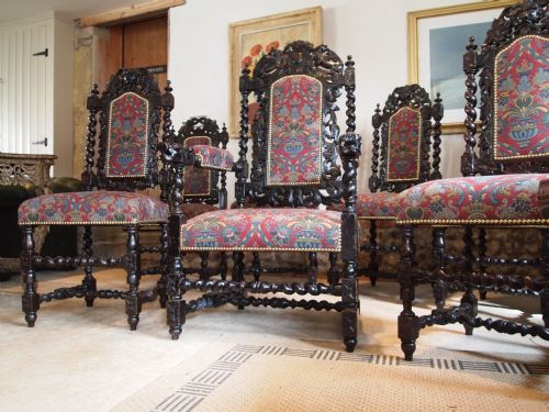 fig 3. Chairs Victorian carved Oak dining chairs 6 side one carver c1880