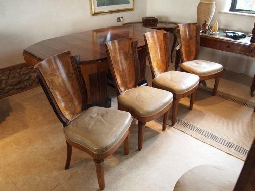 fig 1. Chairs Art Deco figured Walnut and Coromandel leather dining chairs c1925