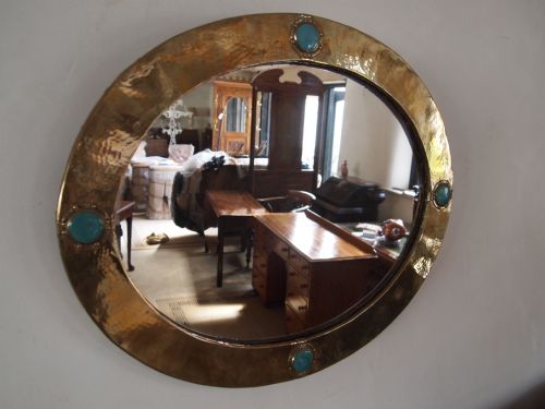 Mirror Liberty and Co Arts and Crafts Brass and Cabachon Enamels C1900