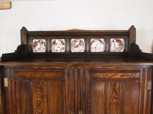fig 1. Chest of drawers linen press Oak Arts and Crafts Minton aesops fable tiles c1900