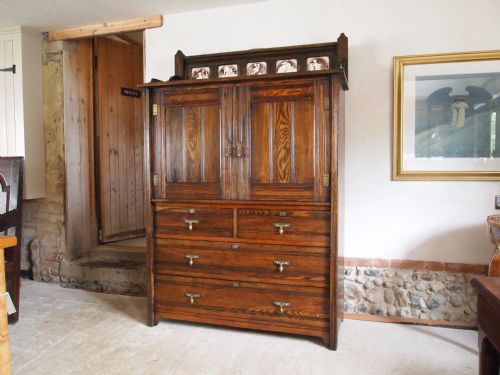 fig 2. Chest of drawers linen press Oak Arts and Crafts Minton aesops fable tiles c1900