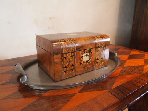 Sewing or Work Box Victorian Figured Walnut and Tunbridge Ware Inlay C1870