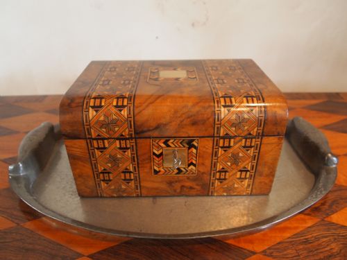 fig 1. Sewing or work box Victorian figured Walnut and Tunbridge ware inlay c1870