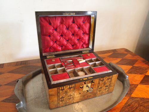 fig 3. Sewing or work box Victorian figured Walnut and Tunbridge ware inlay c1870