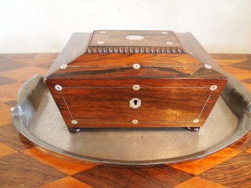fig 3. Sewing or work box Victorian Rosewood and Mother of Pearl inlay c1870