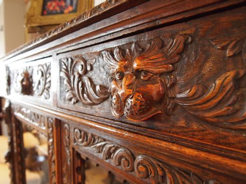 fig 1. Bookcase Victorian carved Oak Green Man adjustable shelves c1880