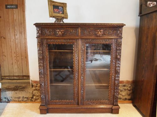 fig 2. Bookcase Victorian carved Oak Green Man adjustable shelves c1880