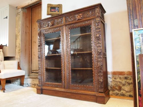 fig 3. Bookcase Victorian carved Oak Green Man adjustable shelves c1880