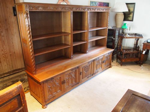 fig 1. Bookcase magnificent Arts and Crafts Gothic revival Oak carved bookcase c1900