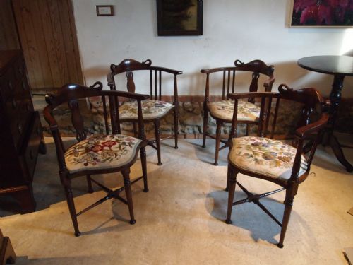Chairs Arts and Crafts Rare Set of Four Corner Chairs Original Crewel Seats C1900