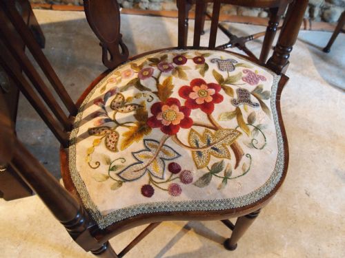 fig 1. Chairs Arts and Crafts rare set of four corner chairs original Crewel seats c1900