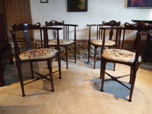 fig 2. Chairs Arts and Crafts rare set of four corner chairs original Crewel seats c1900