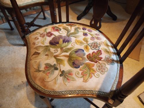fig 3. Chairs Arts and Crafts rare set of four corner chairs original Crewel seats c1900