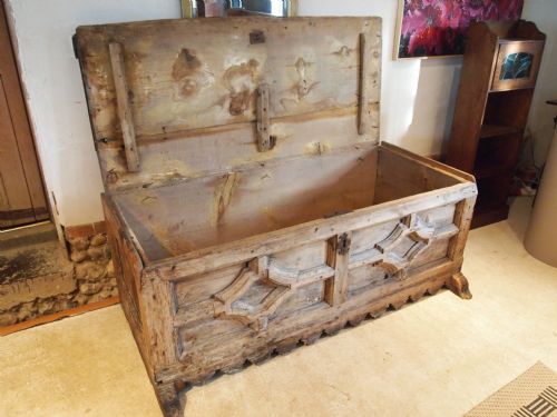 fig 1. Chest coffer blanket box window seat Cassone Gothic 17th century Pine c1670