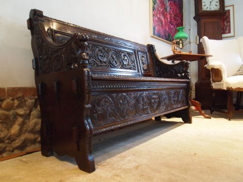 Settle Bench Pew Fine Victorian Carved Oak by Edwards and Roberts C1880