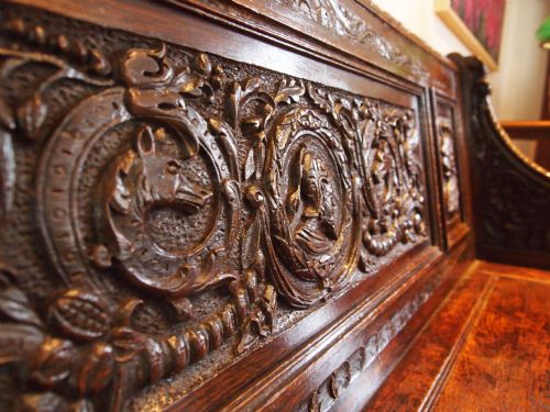 fig 1. Settle bench Pew fine Victorian carved Oak by Edwards and Roberts c1880