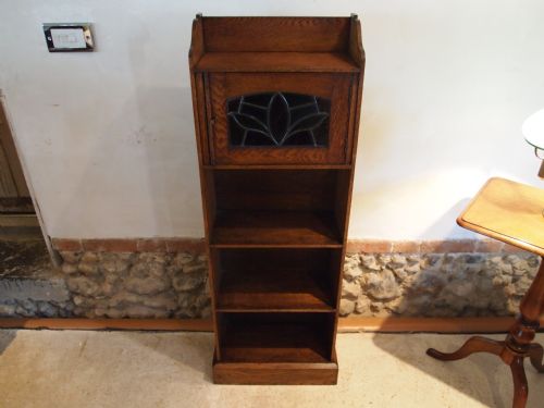Bookcase Arts and Crafts Edwardian Slim Oak Leaded Glass C1900
