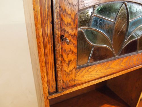 fig 1. Bookcase Arts and Crafts Edwardian slim Oak leaded glass c1900