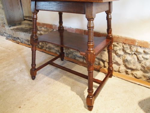 fig 3. Table card table Arts and Crafts manner of William Birch Oak makers label c1900