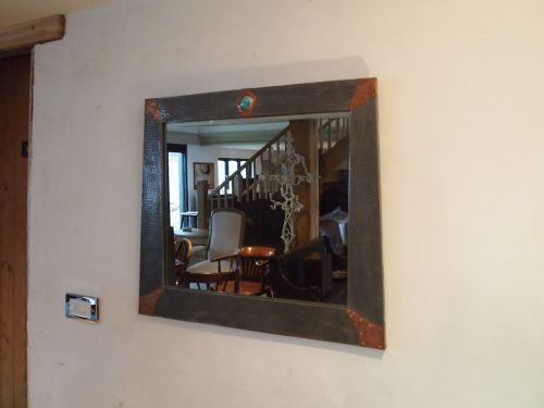 Mirror Arts and Crafts Pewter and Copper Frame Ruskin Enamel Cabachon C1900