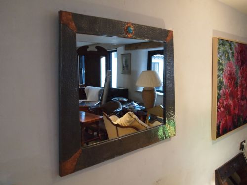 fig 1. Mirror Arts and Crafts Pewter and Copper frame Ruskin enamel cabachon c1900