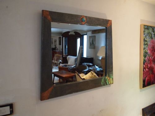 fig 2. Mirror Arts and Crafts Pewter and Copper frame Ruskin enamel cabachon c1900