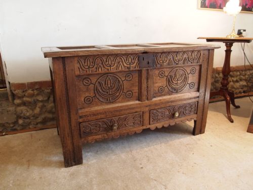 fig 1. Coffer Mule chest trunk blanket box Queen Anne Oak c1700