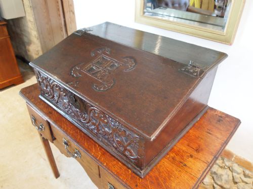 fig 1. Bible box original Oak carved bureau Queen Anne dated 1710