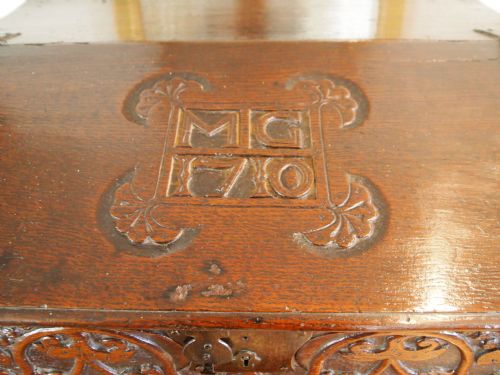 fig 2. Bible box original Oak carved bureau Queen Anne dated 1710