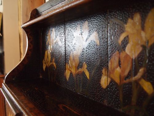 fig 1. Cupboard cabinet Arts and Crafts pokerwork and oil painted Iris c1900
