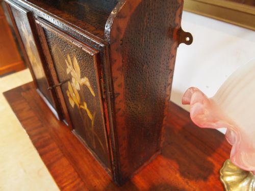 fig 2. Cupboard cabinet Arts and Crafts pokerwork and oil painted Iris c1900