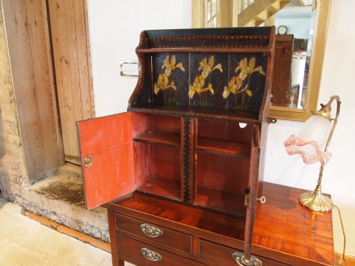 fig 3. Cupboard cabinet Arts and Crafts pokerwork and oil painted Iris c1900