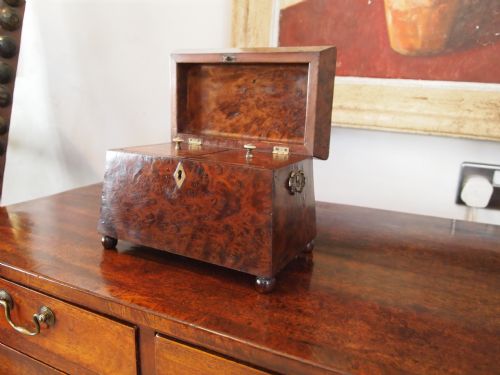 fig 1. Tea caddy rare George IV burr Yew sarcophagus shape 1820