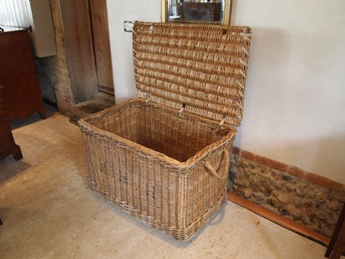 fig 1. Wicker laundry Basket Edwardian cane and hide c1910