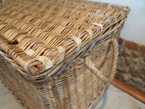 fig 2. Wicker laundry Basket Edwardian cane and hide c1910