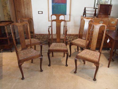Chairs Set of Six Fine Quality Edwardian Queen Anne Oak Dining Chairs C1910