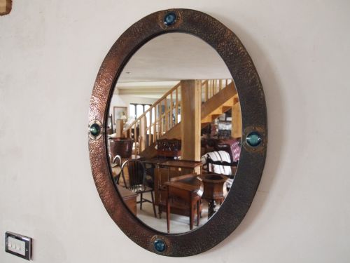 Mirror Liberty and Co Arts and Crafts Copper Frame Cabachon Ruskin Enamels C1900