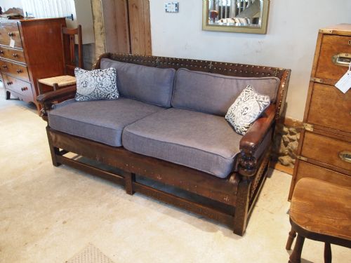 Sofa Settee Leather and Carved Beech Arts and Crafts C1900