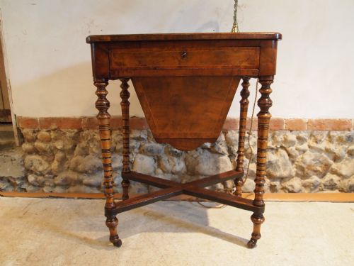 fig 2. Table sewing work or lamp table Victorian burr and figured Walnut c1880