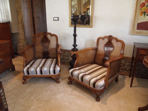 fig 1. Chairs a pair of fine quality Walnut Bergere armchairs c1920