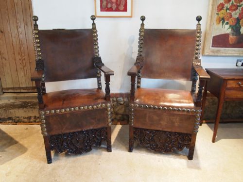 Chairs Stunning Pair of Italian Walnut Renaissance Carved Throne Chairs C1850