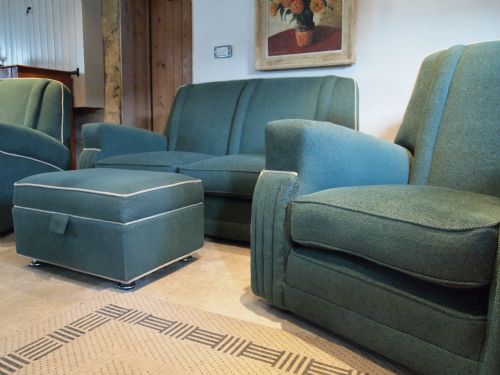 fig 1. Sofa settee Art Deco four piece American green Moquette c1930