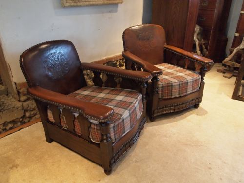 Chairs a Pair of Leather and Oak Easy or Club Armchairs C1920