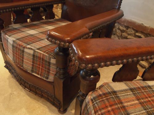 fig 1. Chairs a pair of Leather and Oak easy or club armchairs c1920