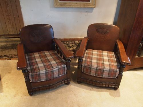 fig 2. Chairs a pair of Leather and Oak easy or club armchairs c1920