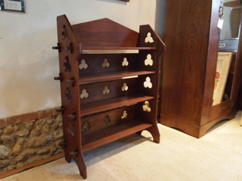 fig 3. Bookcase Arts and Crafts Oak Gothic revival Pugin influence c1900