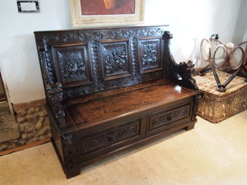 fig 1. Settle bench pew fine quality Victorian carved Oak c1870