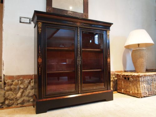 Bookcase Display Pier Cabinet Victorian Ebonised and Inlaid Amboyna C1870