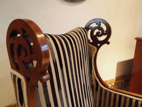 fig 1. Chair fine quality Victorian Mahogany and inlaid armchair Sanderson fabric c1890